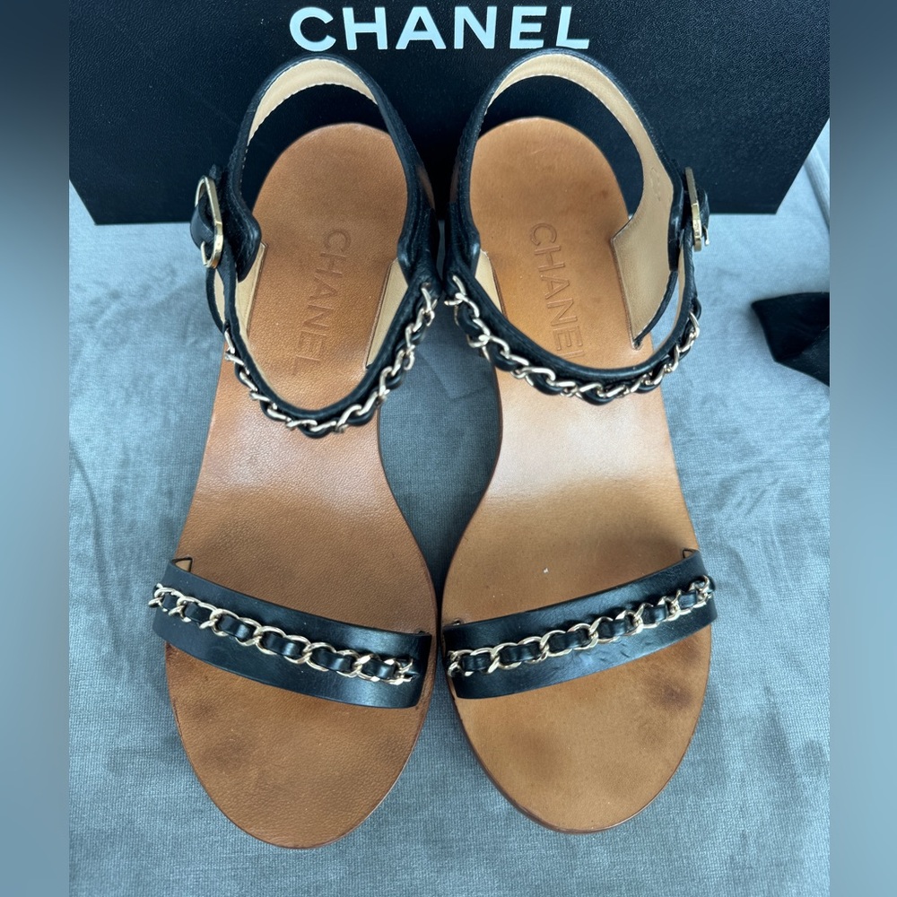 Chanel Leather Heel Sandals with Gold and Black Chain Size 36.5 - Picture 2 of 7
